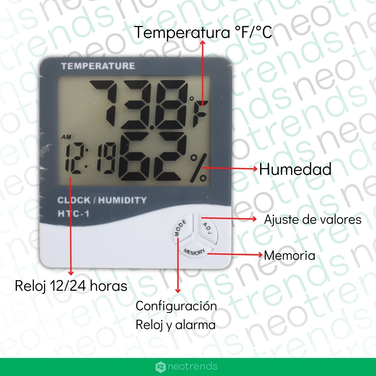 Medidor Higrometro Digital Termometro Humedad Interior Reloj – Neotrends