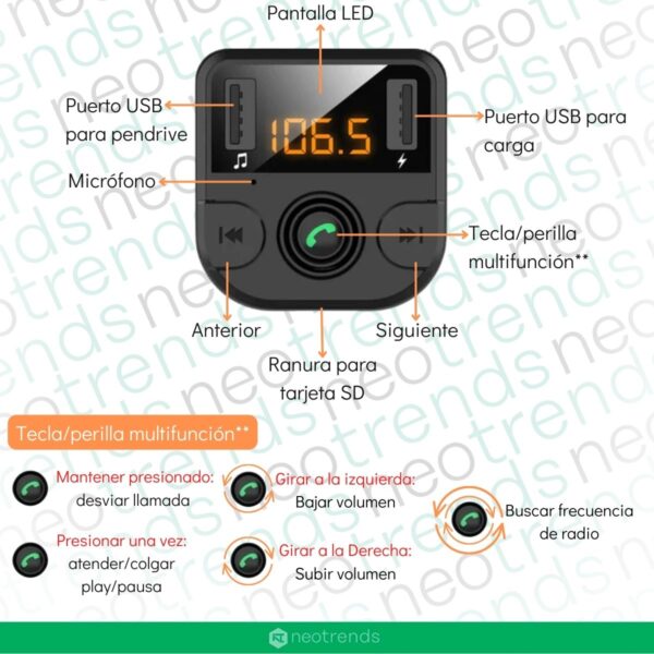 Transmisor Receptor Bluetooth Fm Usb Sd Cargador Manos Libre