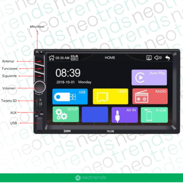 Estereo Pantalla Doble Din Bluetooth Carplay Mirrorlink